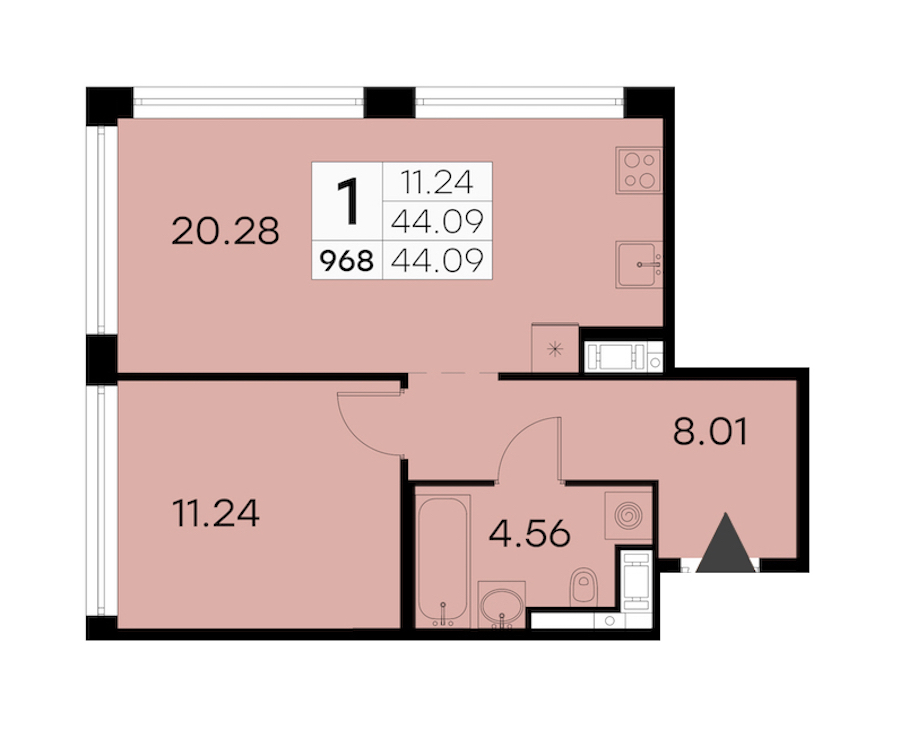 1-комнатная квартира 44.09 м², 15/19 эт., ЖК «GloraX Aura Vasileostrovsky»